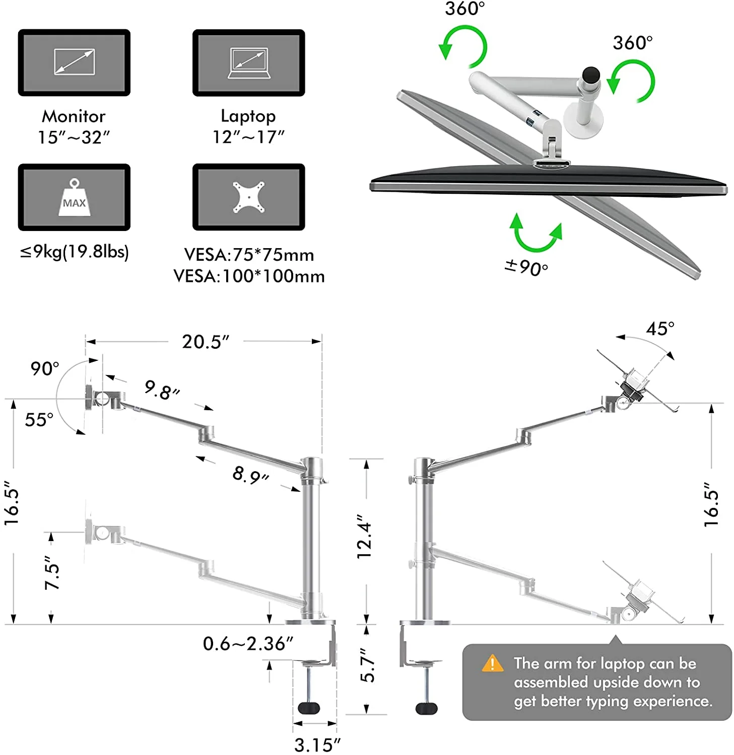 2-in-1 Adjustable Dual Arm Monitor and Laptop Mount - Image 3