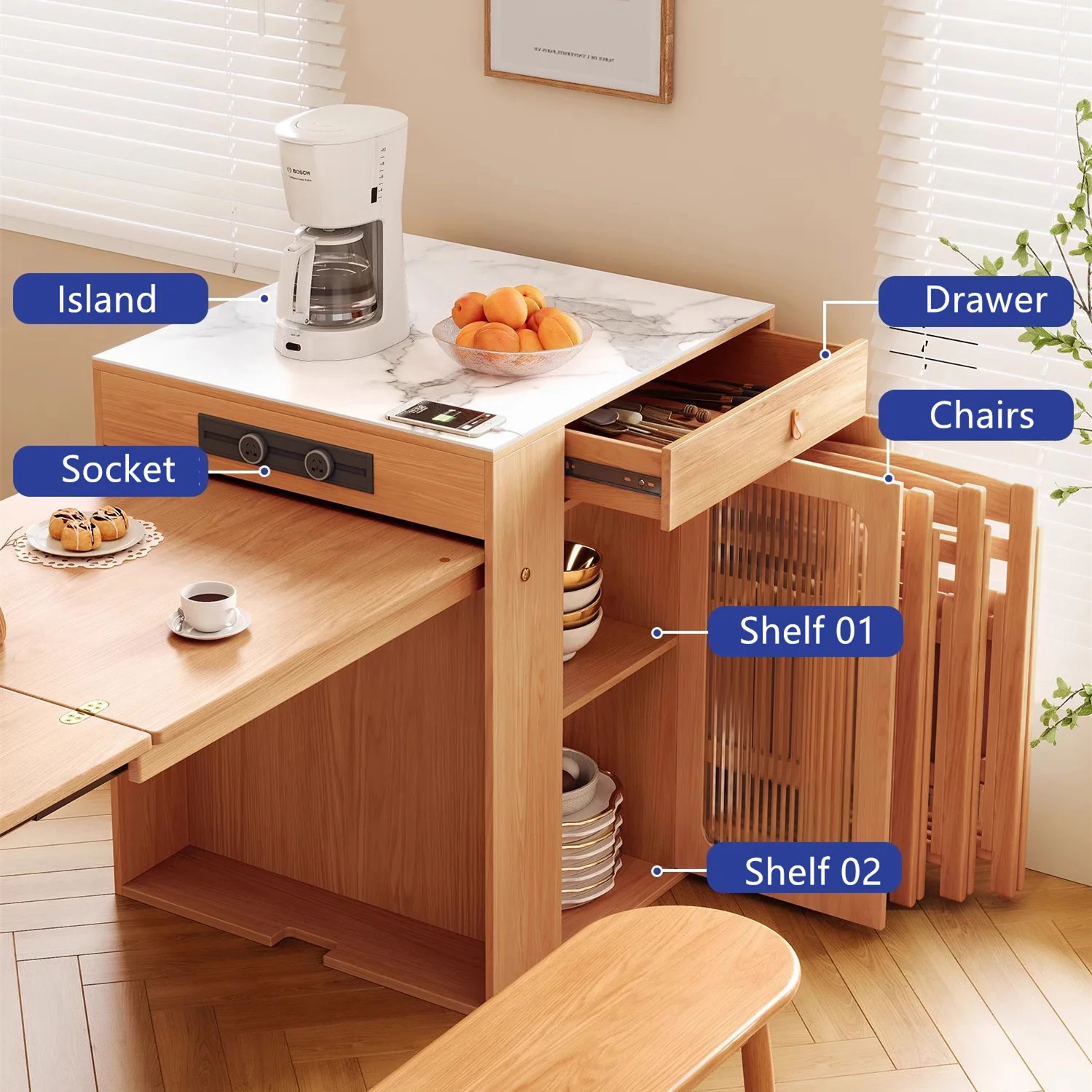 Space Saving Solid Wood Kitchen Island Dining Table - Image 7