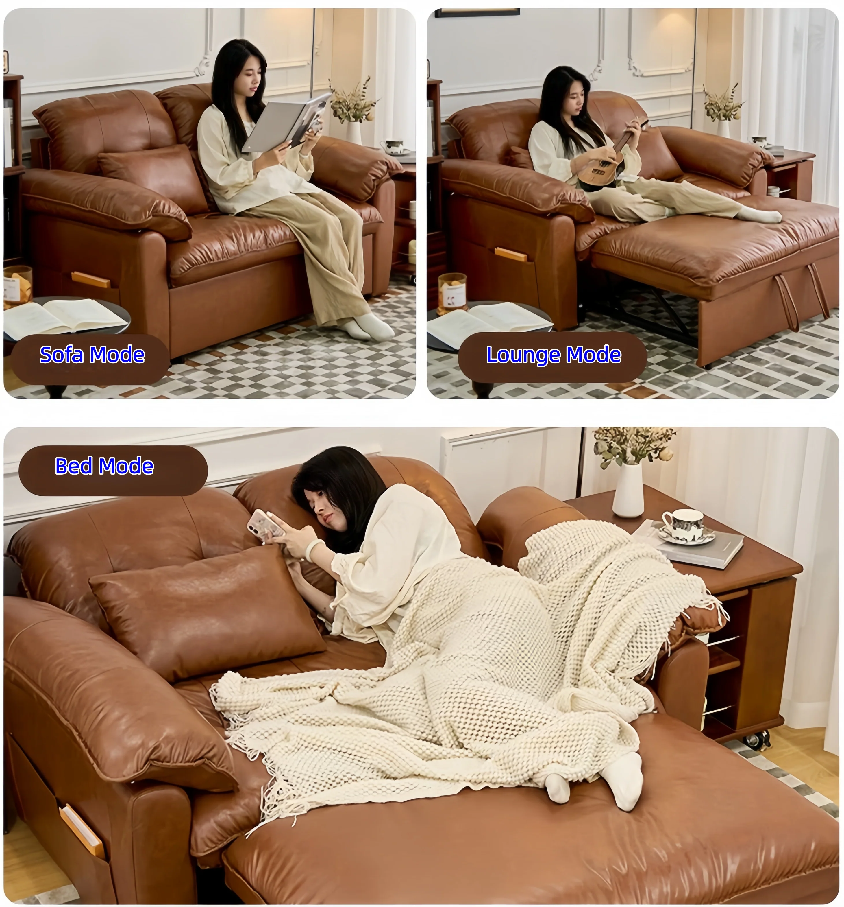 3-in-1 Oil Wax Leather Convertible Sofa Bed with Adjustable Backrest and Side Pocket
