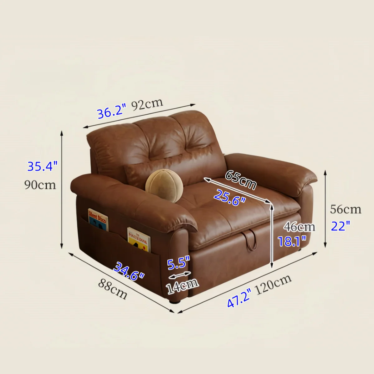 3-in-1 Oil Wax Leather Convertible Sofa Bed with Adjustable Backrest and Side Pocket - Image 11