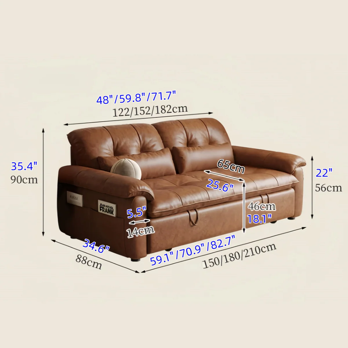 3-in-1 Oil Wax Leather Convertible Sofa Bed with Adjustable Backrest and Side Pocket - Image 12