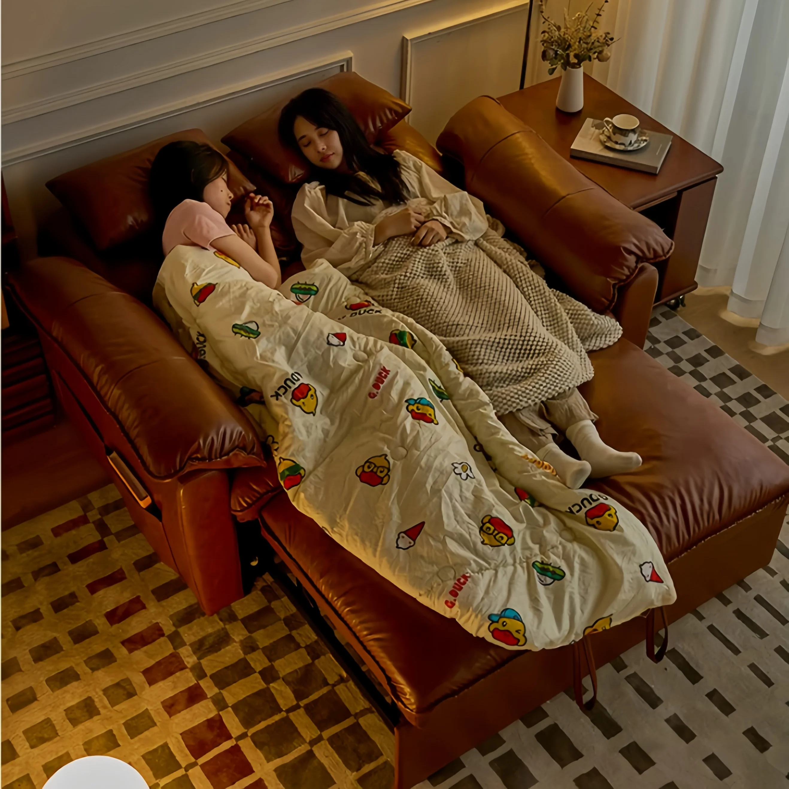 3-in-1 Oil Wax Leather Convertible Sofa Bed with Adjustable Backrest and Side Pocket - Image 4