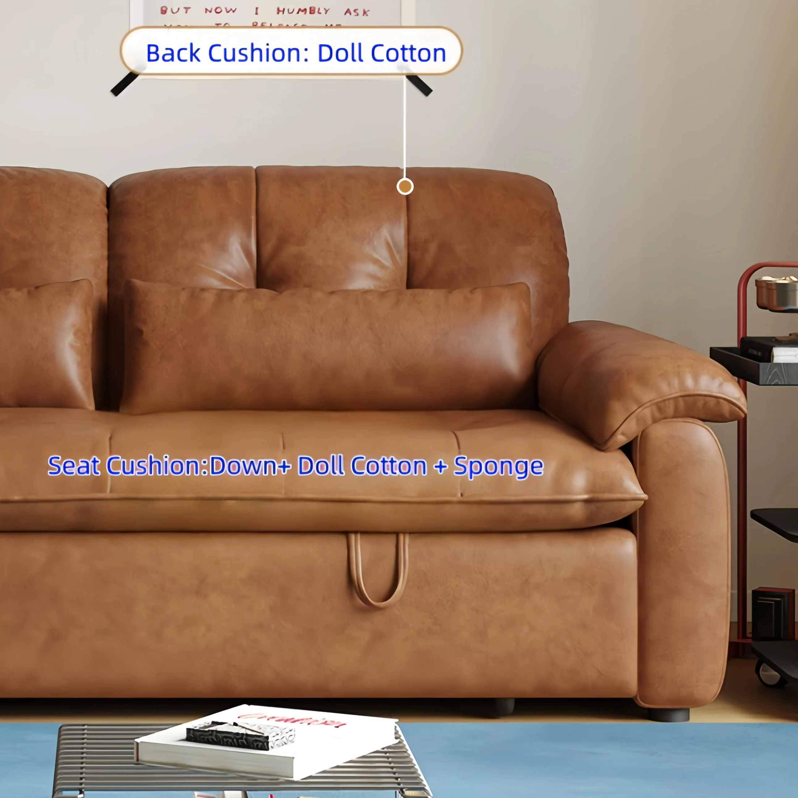 3-in-1 Oil Wax Leather Convertible Sofa Bed with Adjustable Backrest and Side Pocket - Image 6