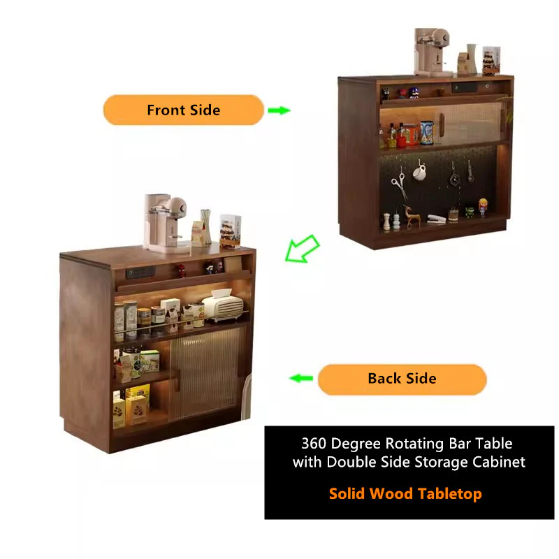 360° Solid Wood  Rotating Bar Table with Double Side Storage Cabinet - Image 12