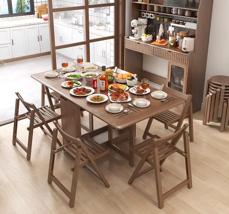 55" and 67" Solid Oak Wood Double Drop Leaf Dining Table with Chairs - Image 6