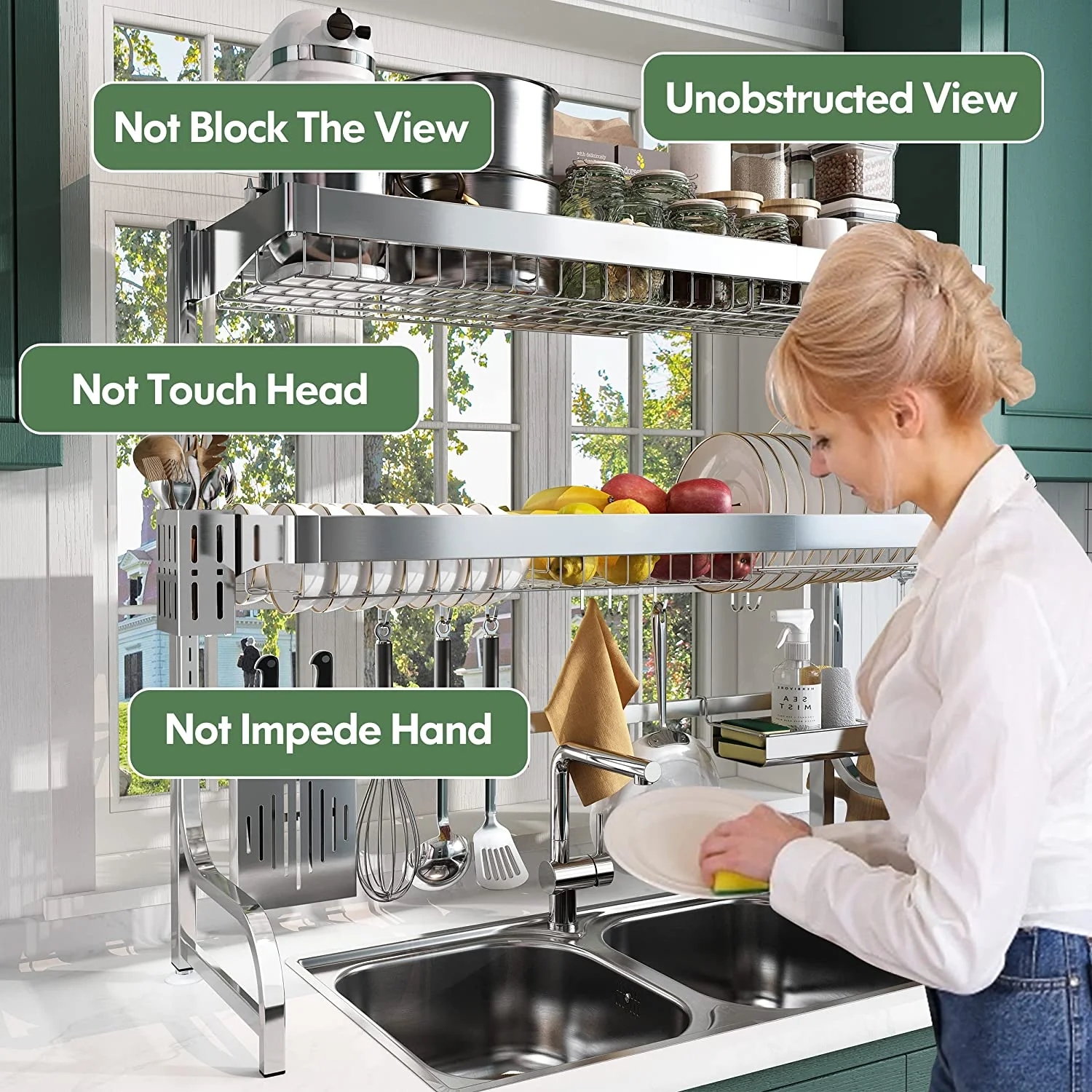 Adjustable (25.6"-35.5") Large 3 Tier Over Sink Full 304 Stainless Steel Dish Drying Rack - Image 3