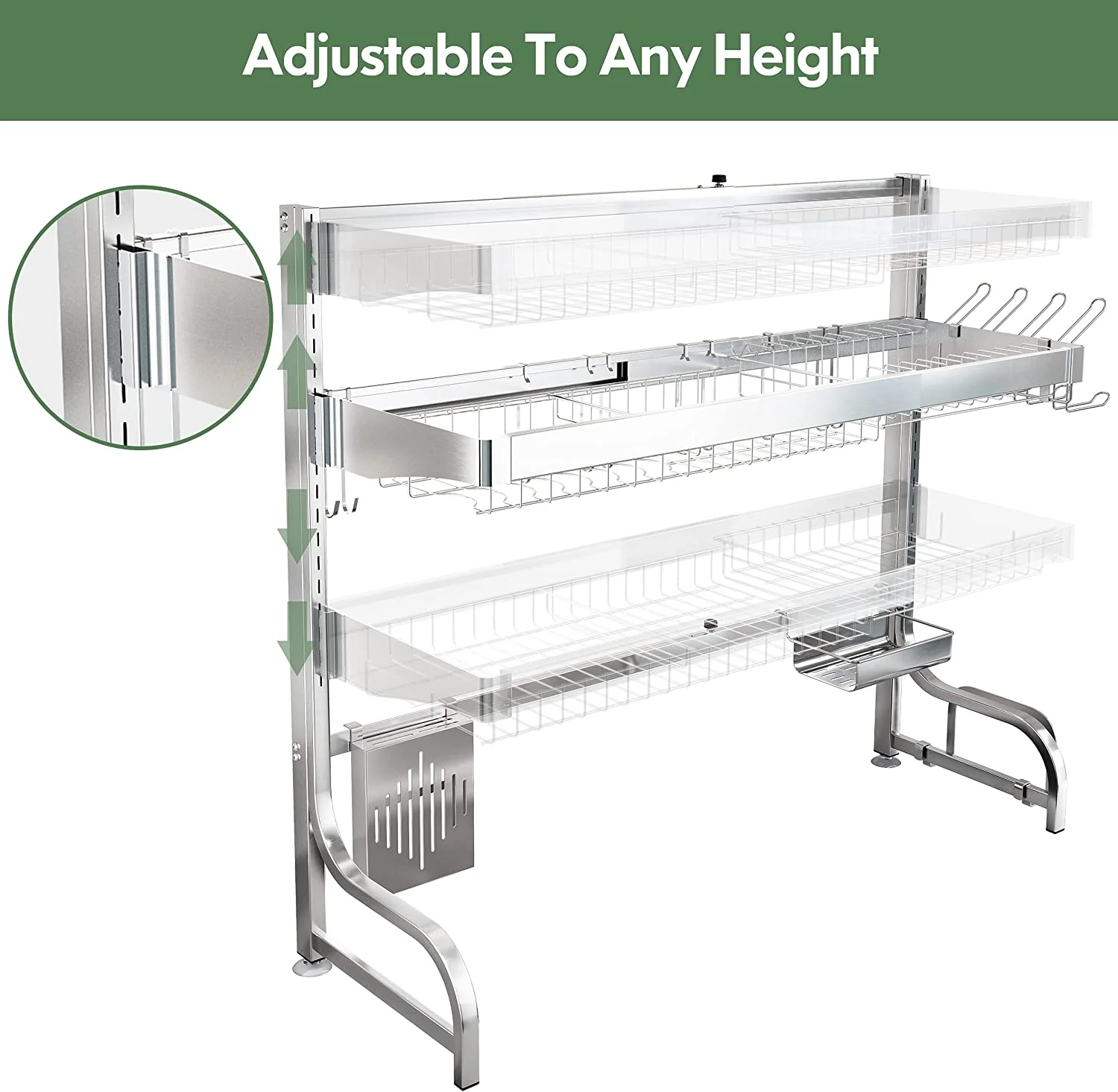 Adjustable (25.6"-35.5") Large 3 Tier Over Sink Full 304 Stainless Steel Dish Drying Rack - Image 4