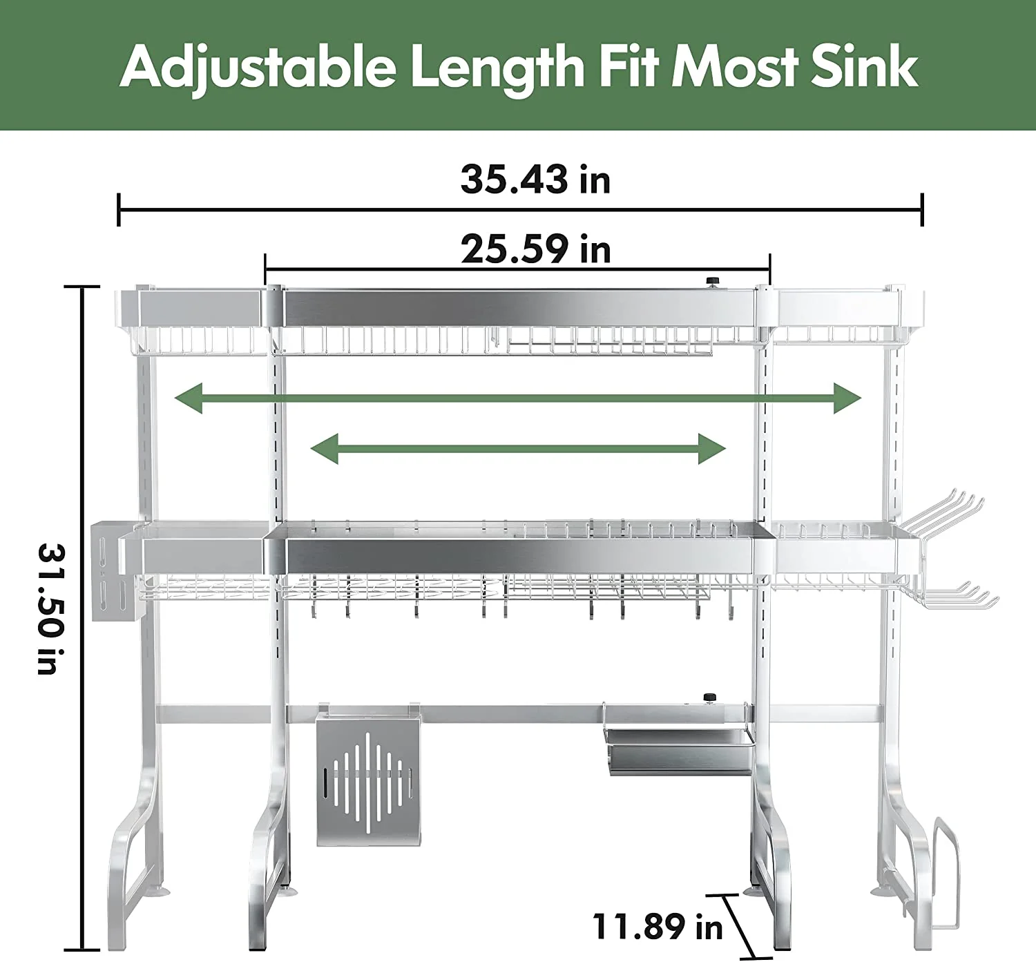 Adjustable (25.6"-35.5") Large 3 Tier Over Sink Full 304 Stainless Steel Dish Drying Rack - Image 5