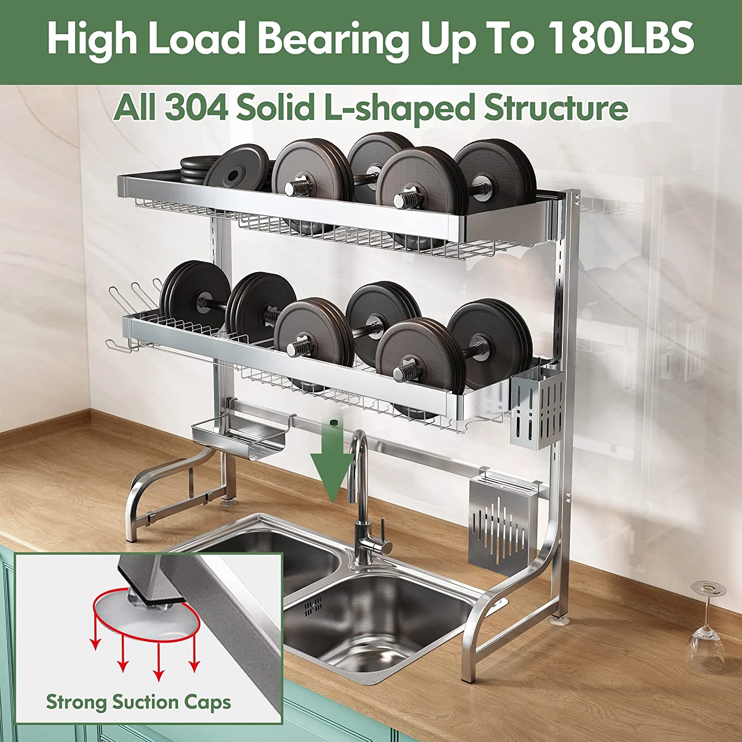 Adjustable (25.6"-35.5") Large 3 Tier Over Sink Full 304 Stainless Steel Dish Drying Rack - Image 6