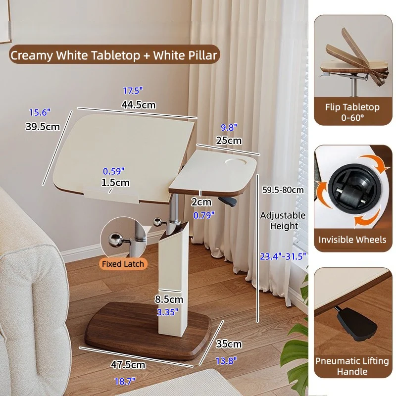 Adjustable Height Rotating Flip Tabletop C-Shaped End Table with Invisible Wheels