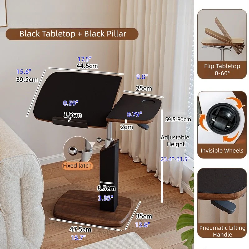 Adjustable Height Rotating Flip Tabletop C-Shaped End Table with Invisible Wheels - Image 2