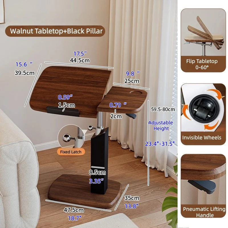 Adjustable Height Rotating Flip Tabletop C-Shaped End Table with Invisible Wheels - Image 3