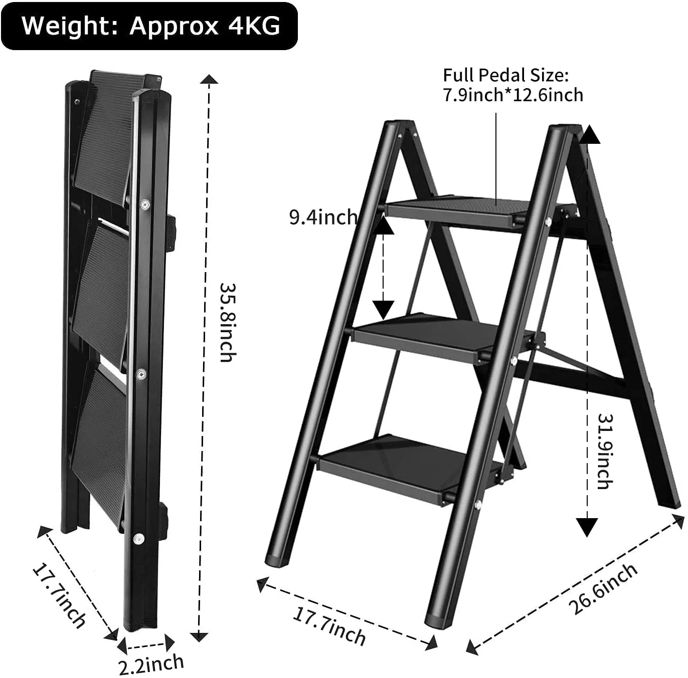 Aluminum Lightweight Folding 3 Step Ladder with Anti-Slip and Wide Pedal for Home and Kitchen Space Saving - Image 3