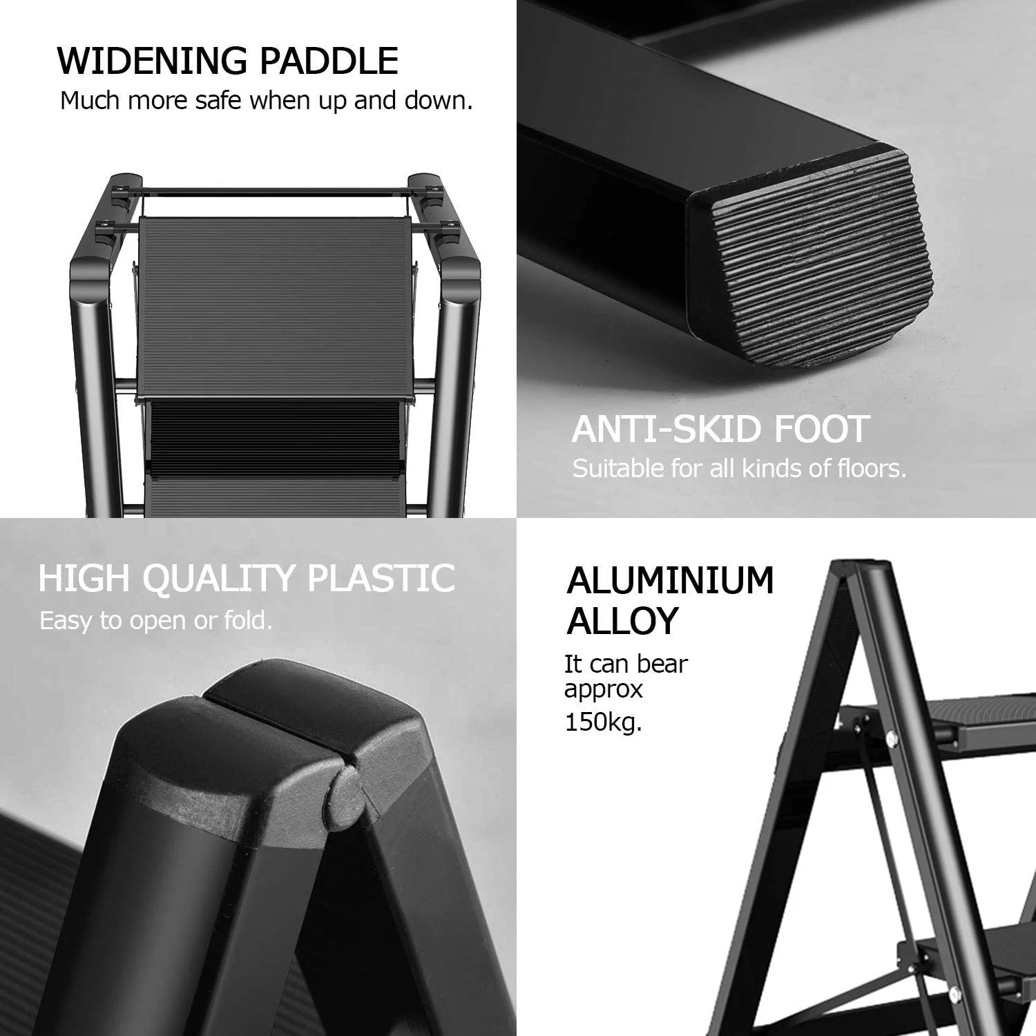 Aluminum Lightweight Folding 3 Step Ladder with Anti-Slip and Wide Pedal for Home and Kitchen Space Saving - Image 4