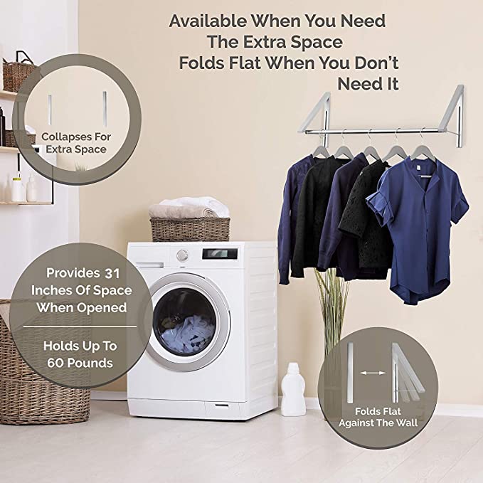 Aluminum Wall Mounted Folding Clothes Hanger-2 Rack with Rod - Image 2