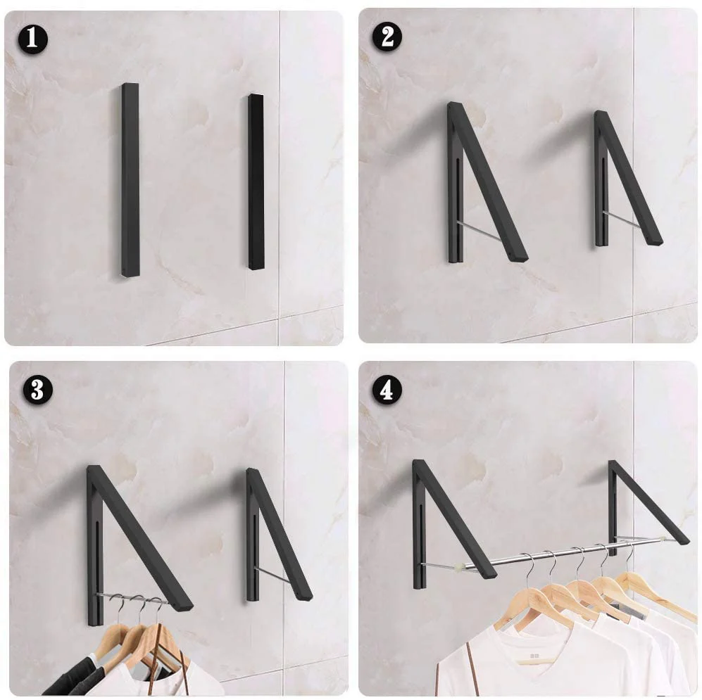 Aluminum Wall Mounted Folding Clothes Hanger-2 Rack with Rod - Image 4