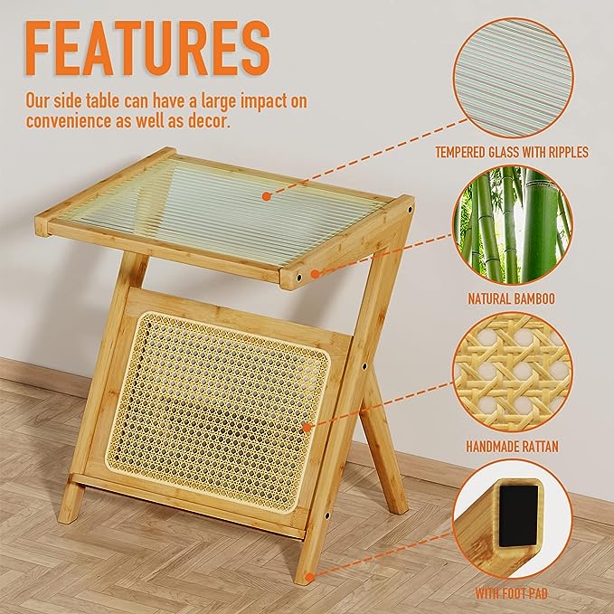 Bamboo Rattan End Table with Storage - Image 4