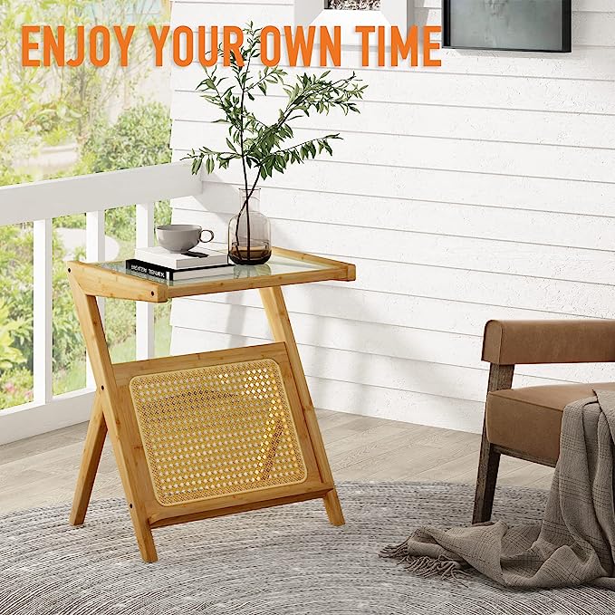 Bamboo Rattan End Table with Storage - Image 5