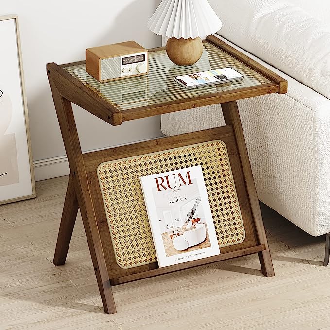 Bamboo Rattan End Table with Storage - Image 7