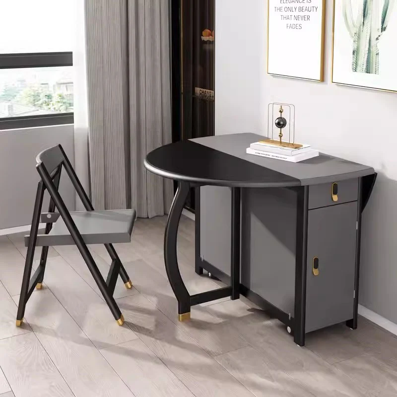 Black Grey Double Drop Leaf Round Dining Table with 4 Chairs - Image 4