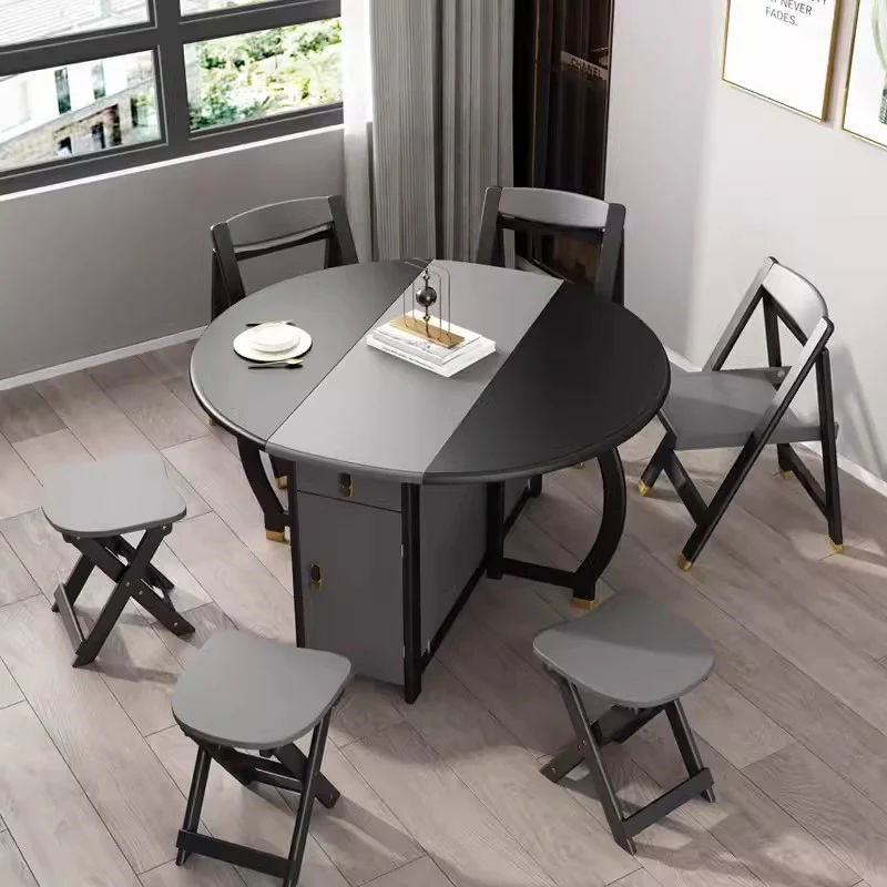 Black Grey Double Drop Leaf Round Dining Table with 4 Chairs - Image 5