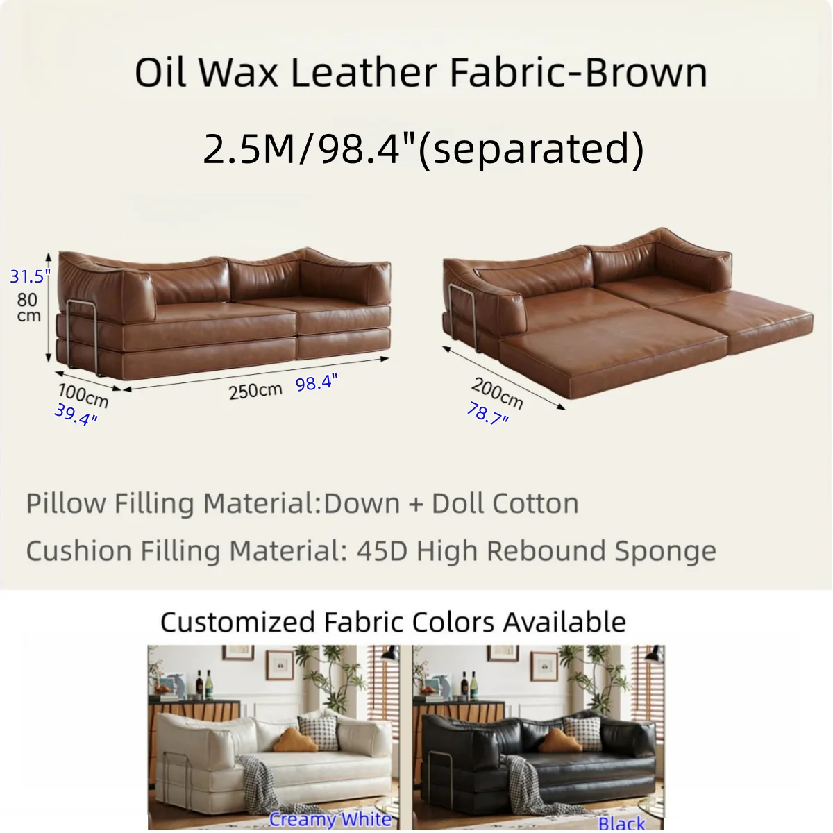 Boneless Modular Oil Wax Leather Sofa Bed - Image 17