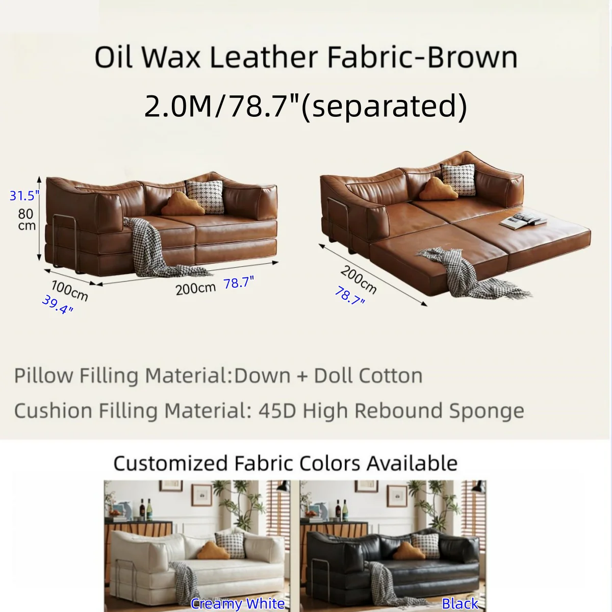 Boneless Modular Oil Wax Leather Sofa Bed - Image 18