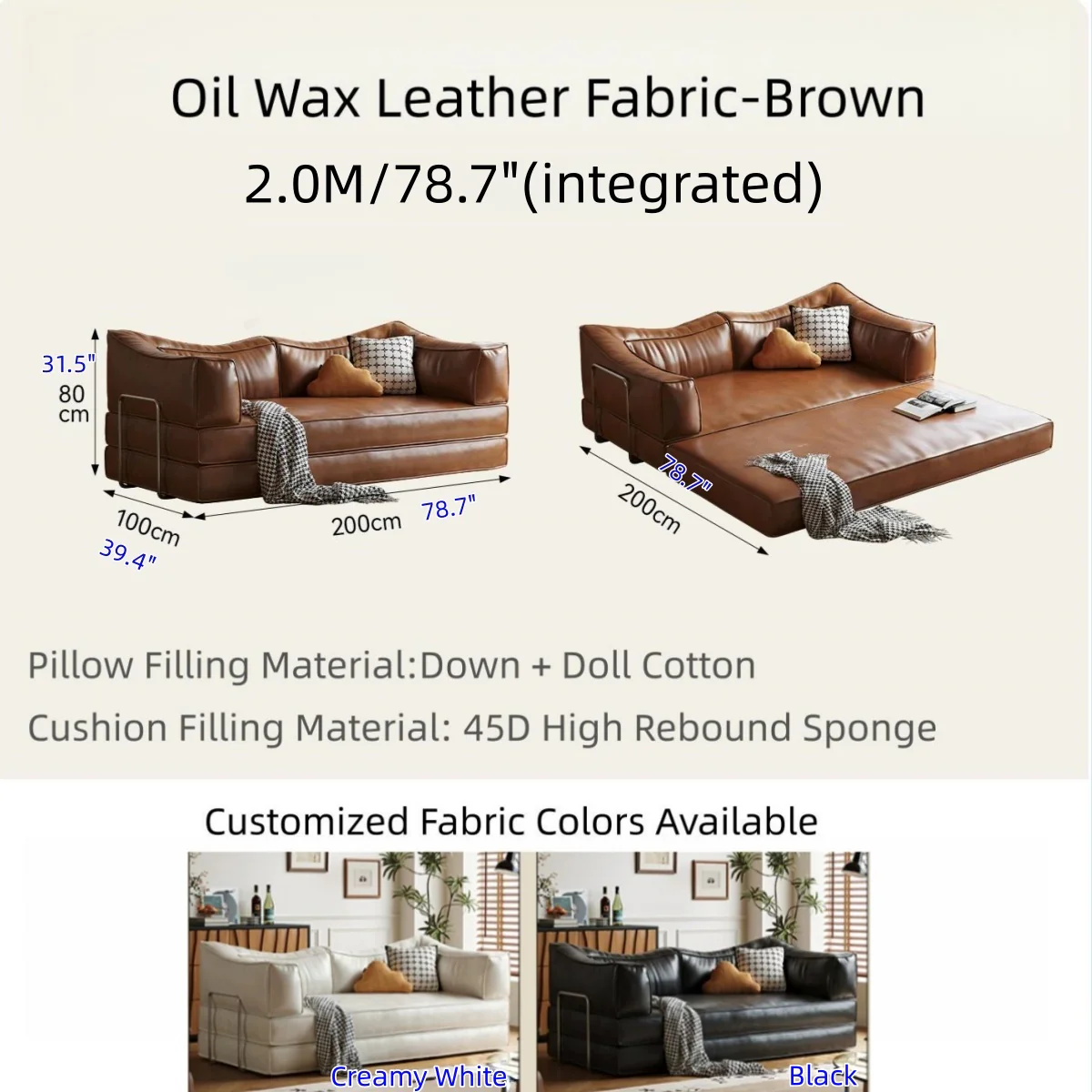 Boneless Modular Oil Wax Leather Sofa Bed - Image 19