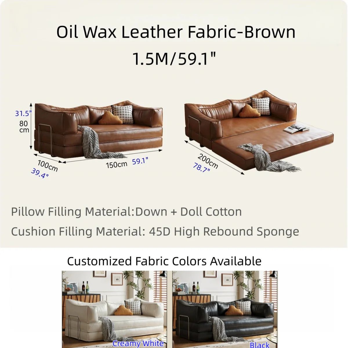 Boneless Modular Oil Wax Leather Sofa Bed - Image 20