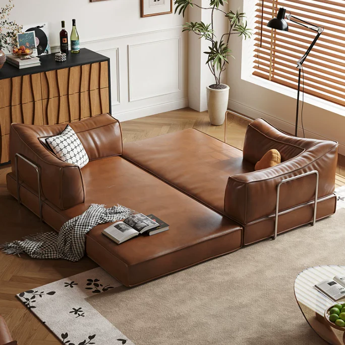 Boneless Modular Oil Wax Leather Sofa Bed - Image 4