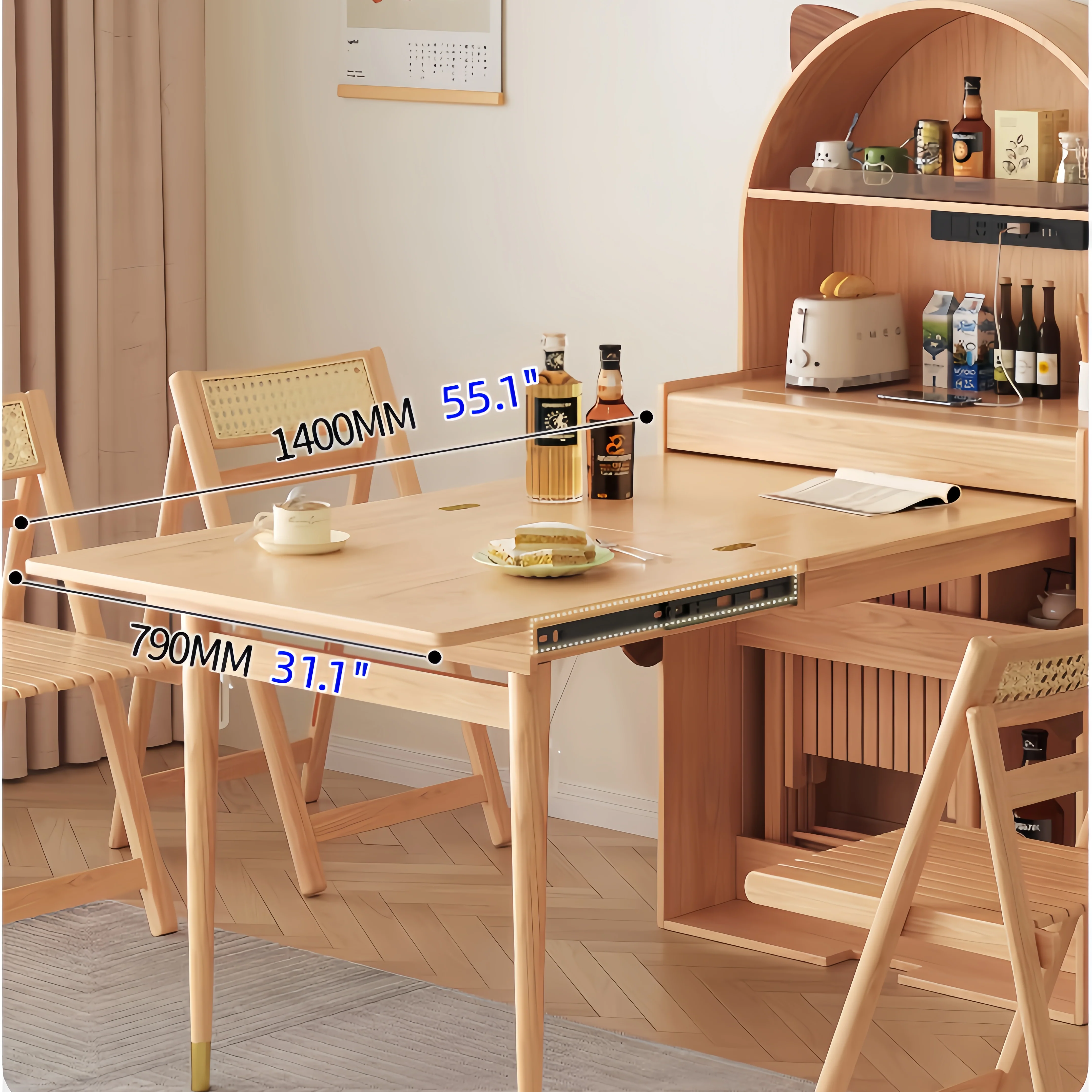 Cute Cat-Shaped Solid Wood Foldable Dining Table Cabinet with Chair Storage - Image 10