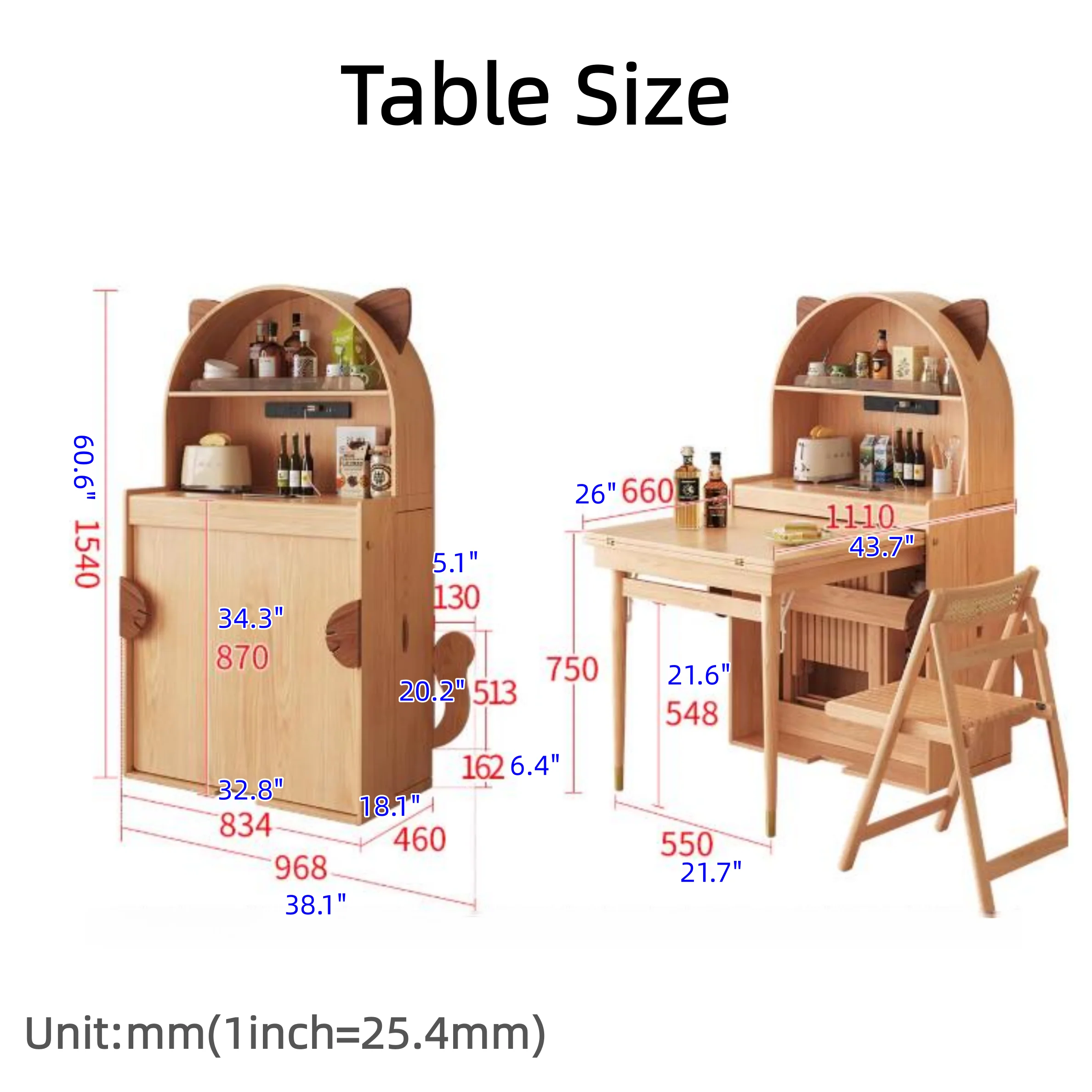 Cute Cat-Shaped Solid Wood Foldable Dining Table Cabinet with Chair Storage - Image 11