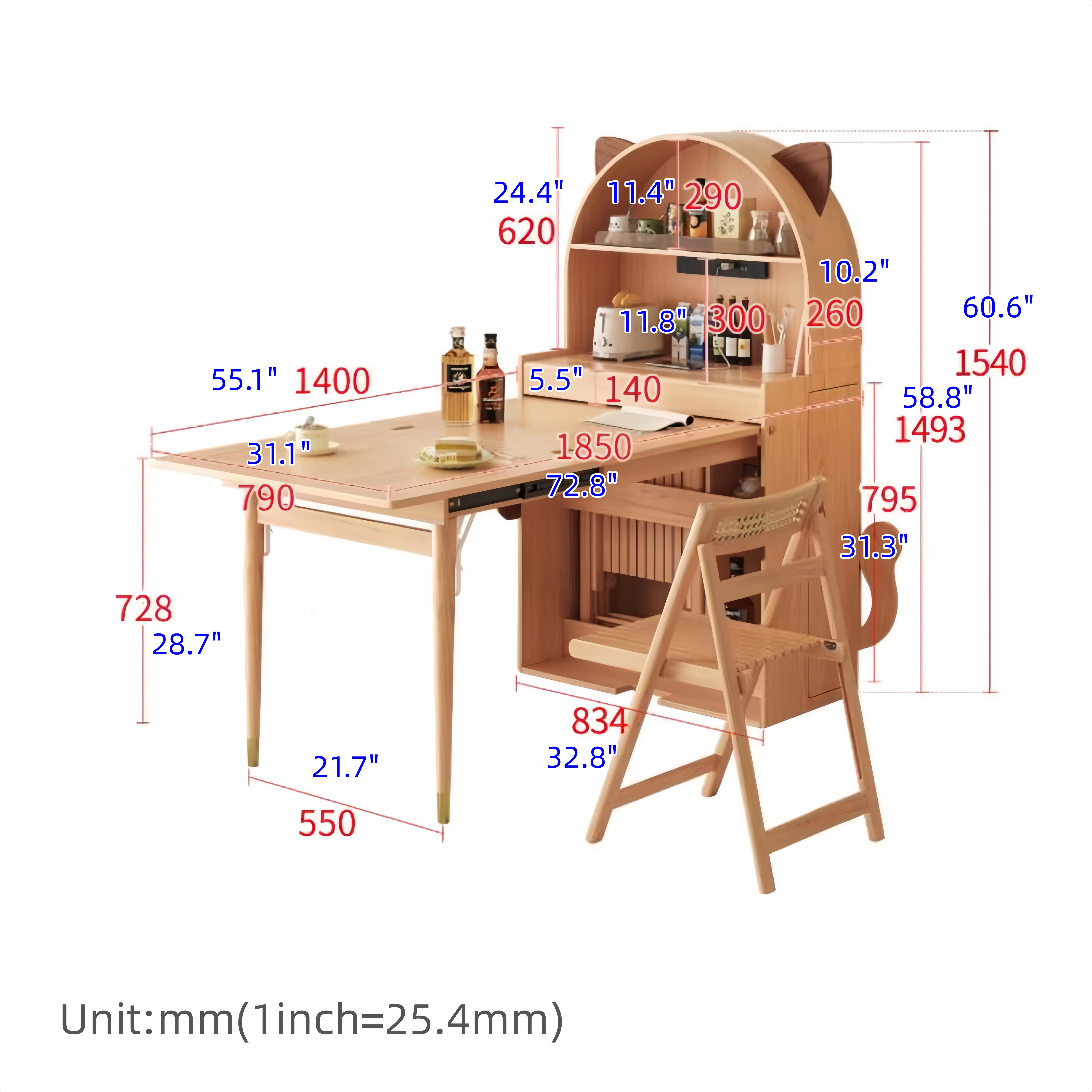 Cute Cat-Shaped Solid Wood Foldable Dining Table Cabinet with Chair Storage - Image 12