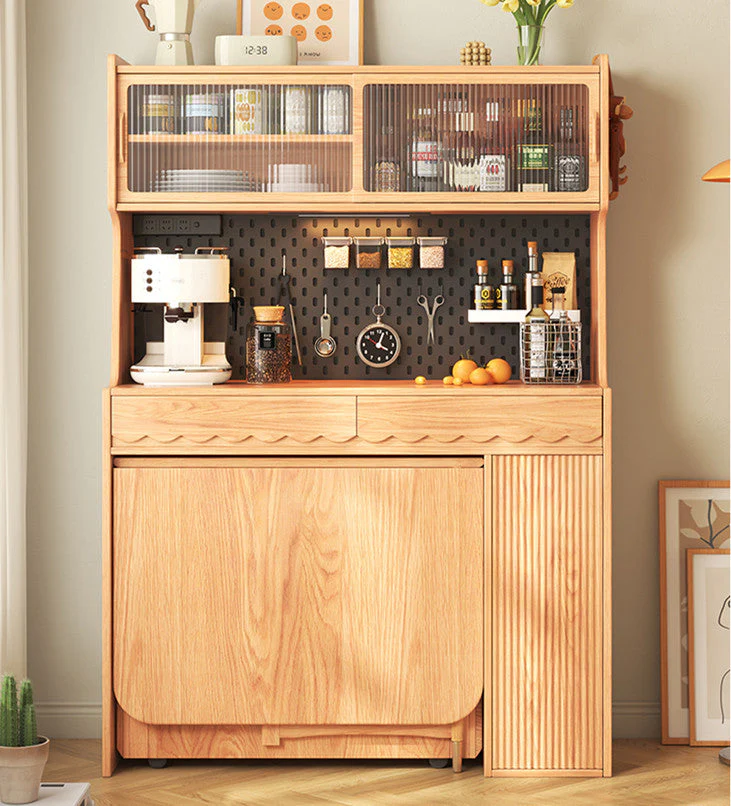 Double Drop Leaf Dining Table with Pegboard Hutch Cabinet - Image 5