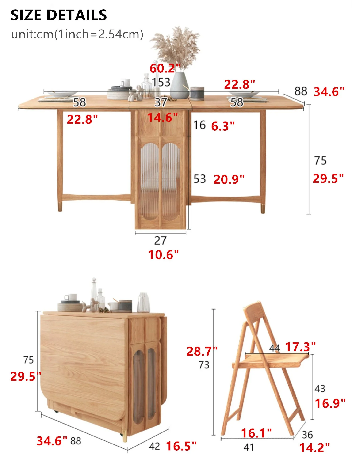 Double Drop Leaf Dining Table with Pegboard Hutch Cabinet - Image 8