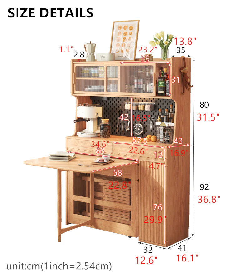 Double Drop Leaf Dining Table with Pegboard Hutch Cabinet - Image 9