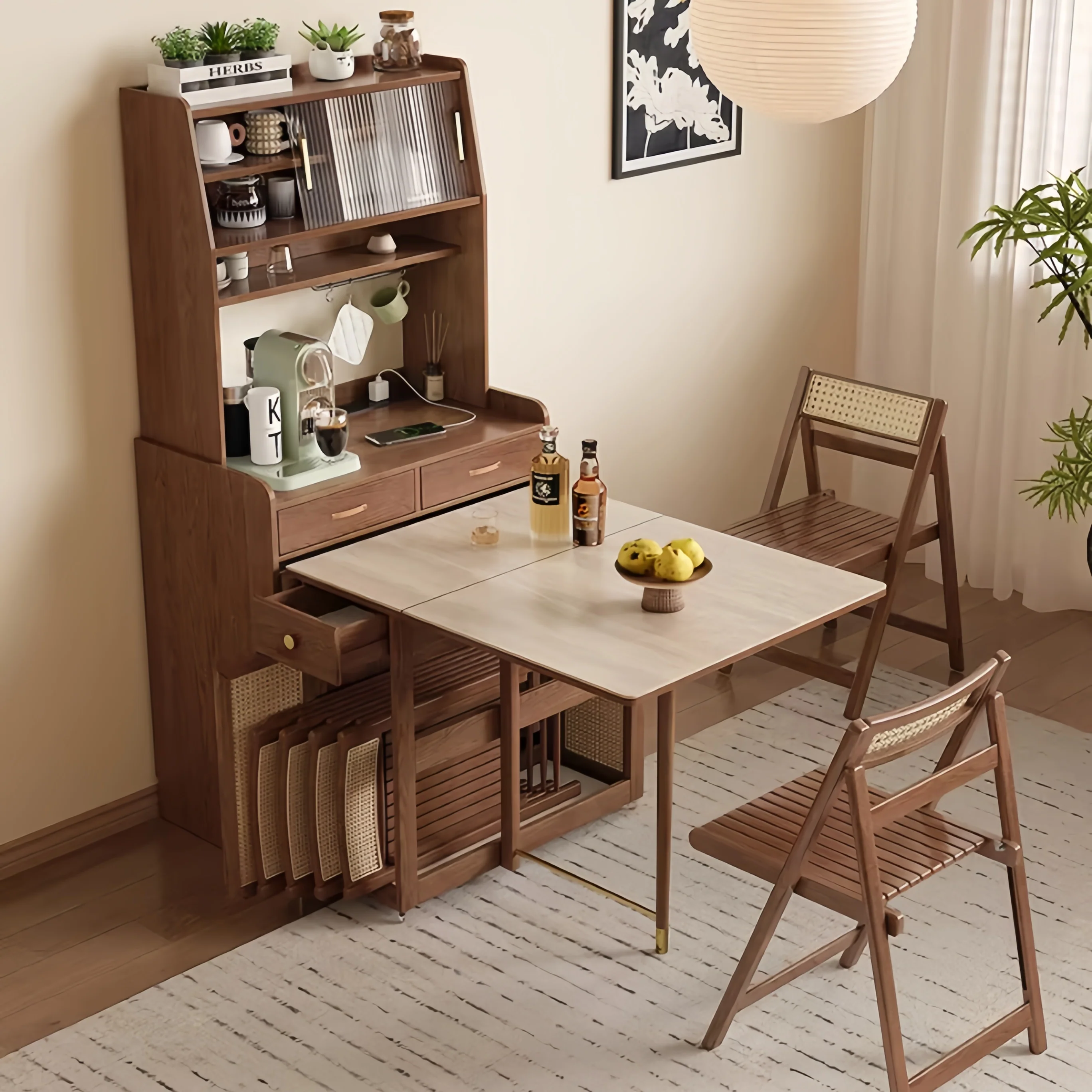 Double Drop Leaf Dining Table with Sideboard Cabinet & 4 Folding Chairs - Image 12