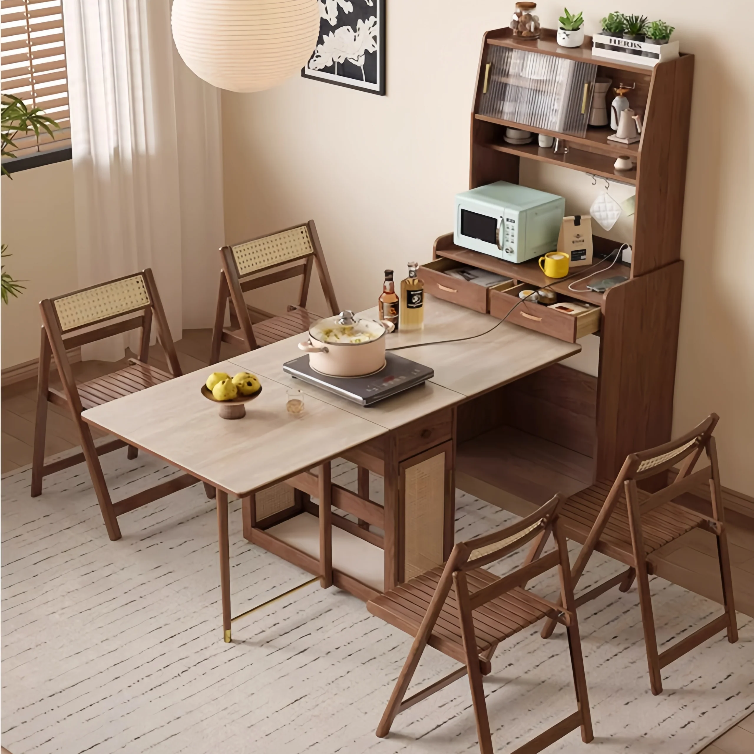 Double Drop Leaf Dining Table with Sideboard Cabinet & 4 Folding Chairs - Image 13