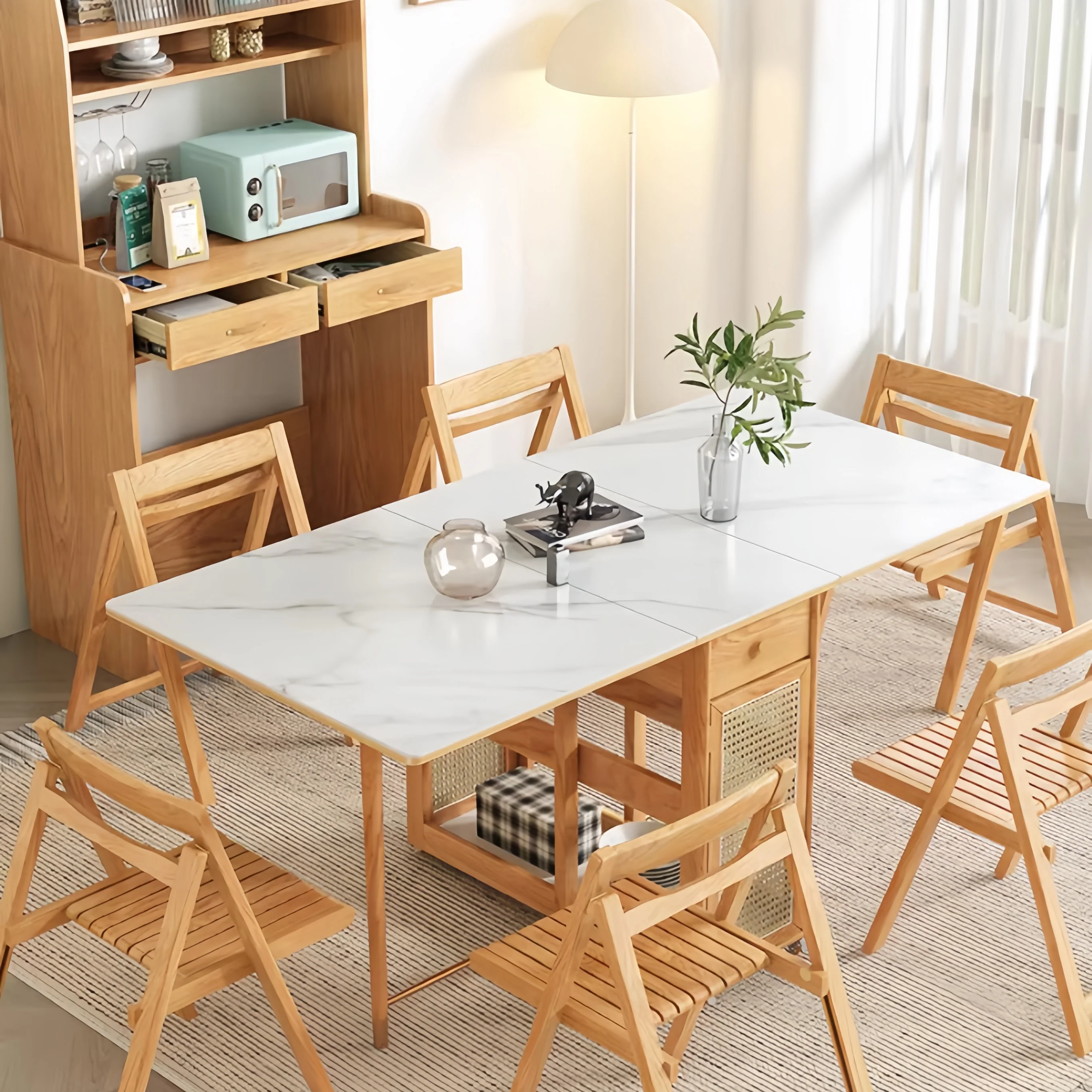 Double Drop Leaf Dining Table with Sideboard Cabinet & 4 Folding Chairs - Image 5