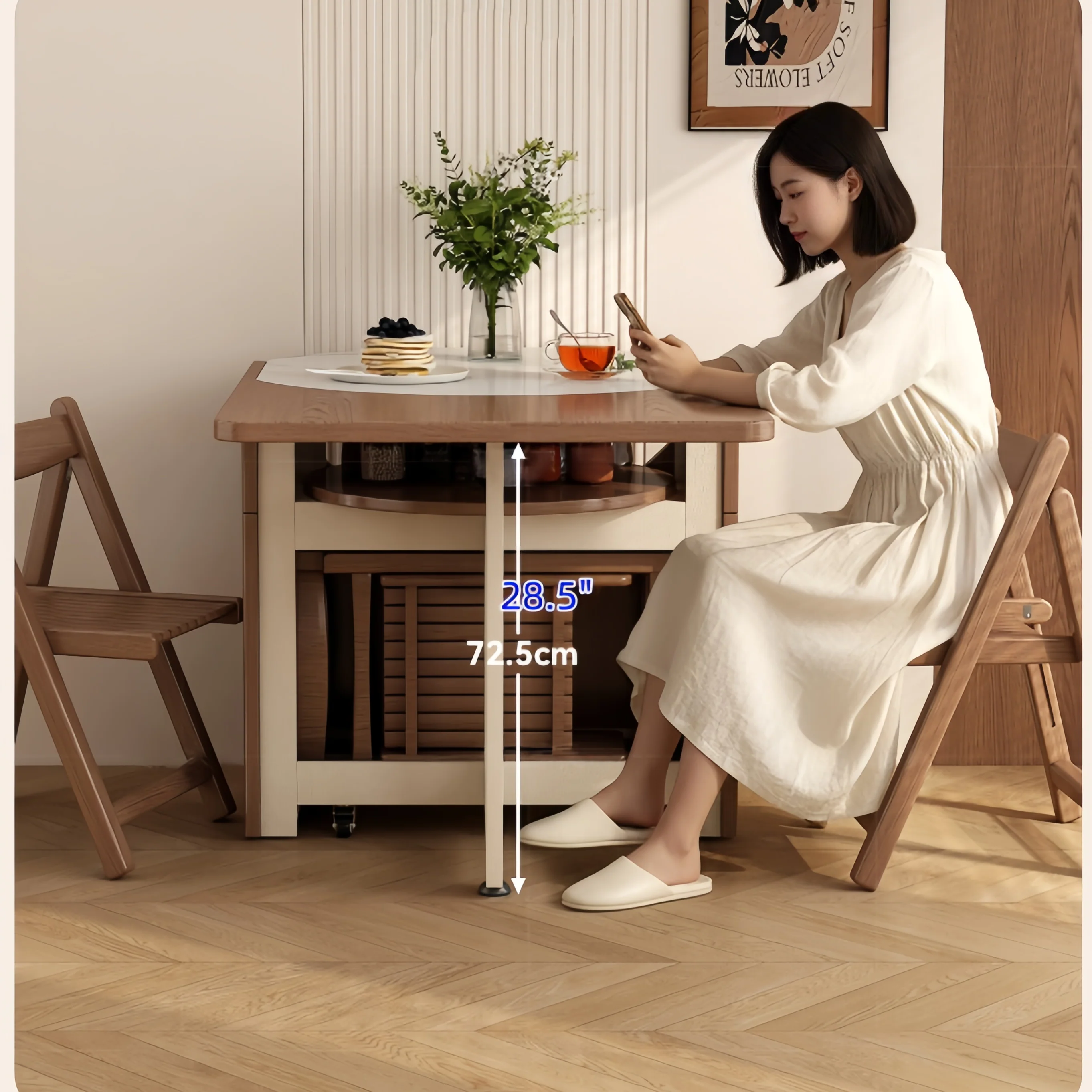 Double Drop Leaf Dining Table with Sintered Stone Round Tabletop with 4 Folding Chairs - Image 6