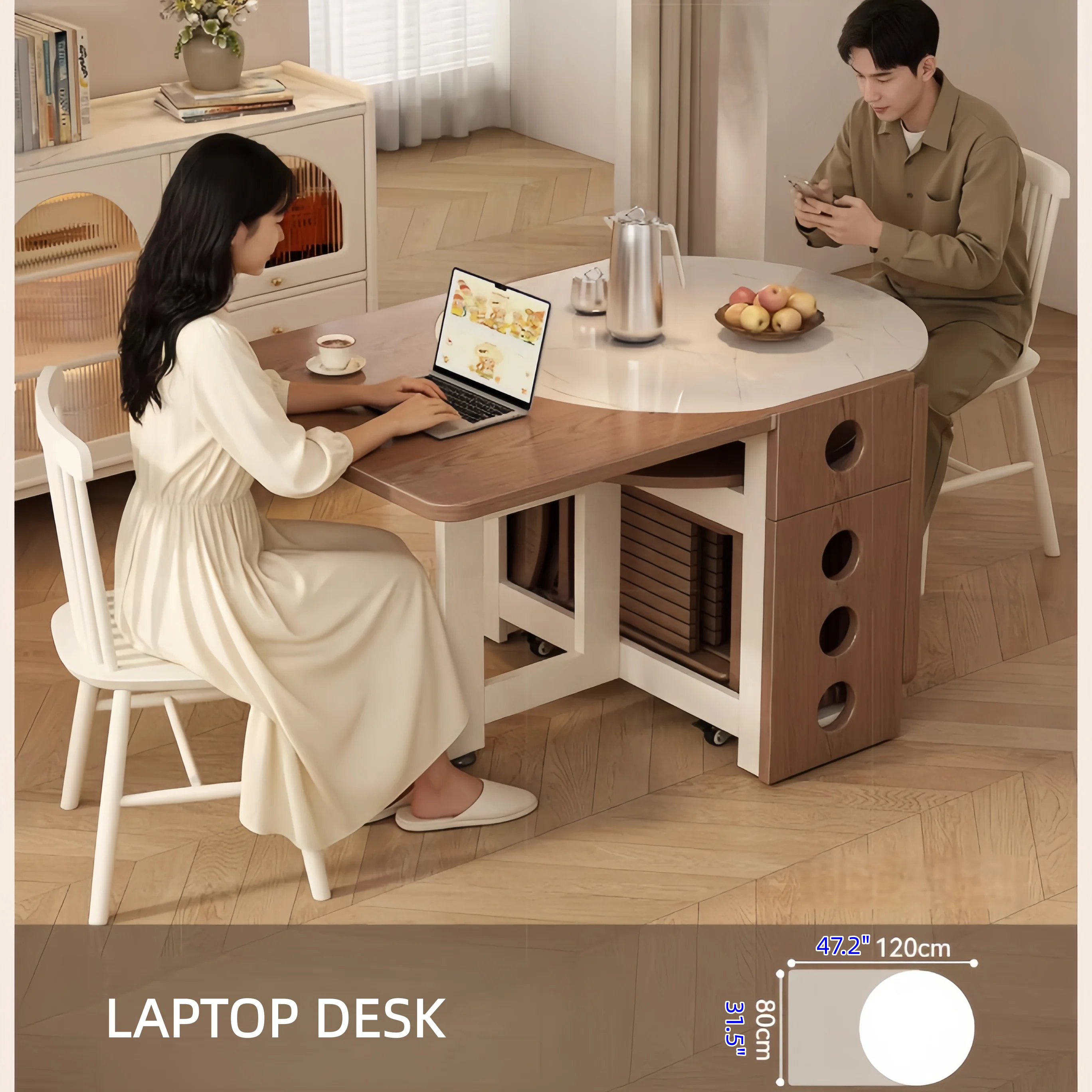 Double Drop Leaf Dining Table with Sintered Stone Round Tabletop with 4 Folding Chairs - Image 8