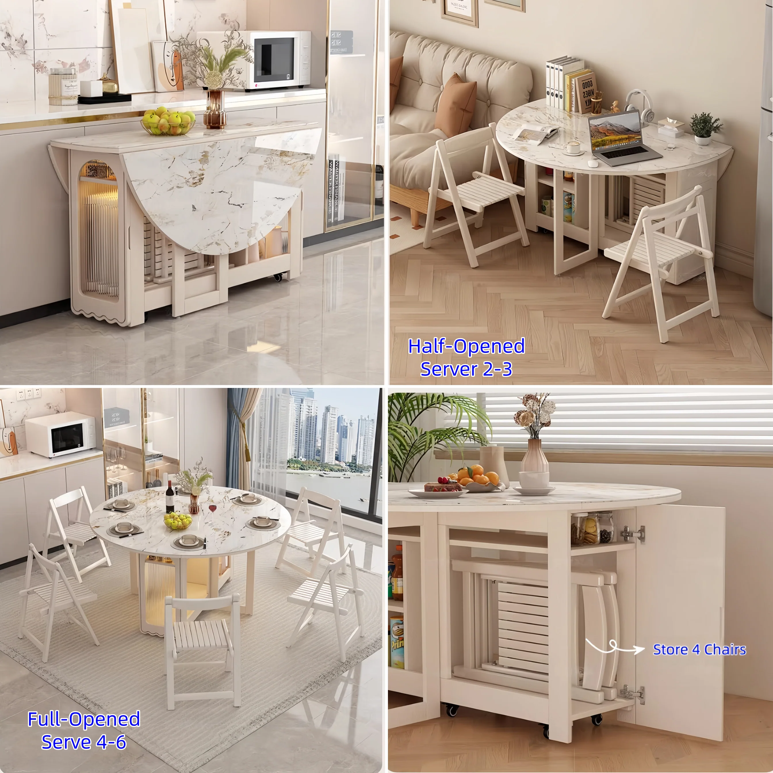 Double Drop Leaf Round Dining Table Set with 4 Folding Chairs