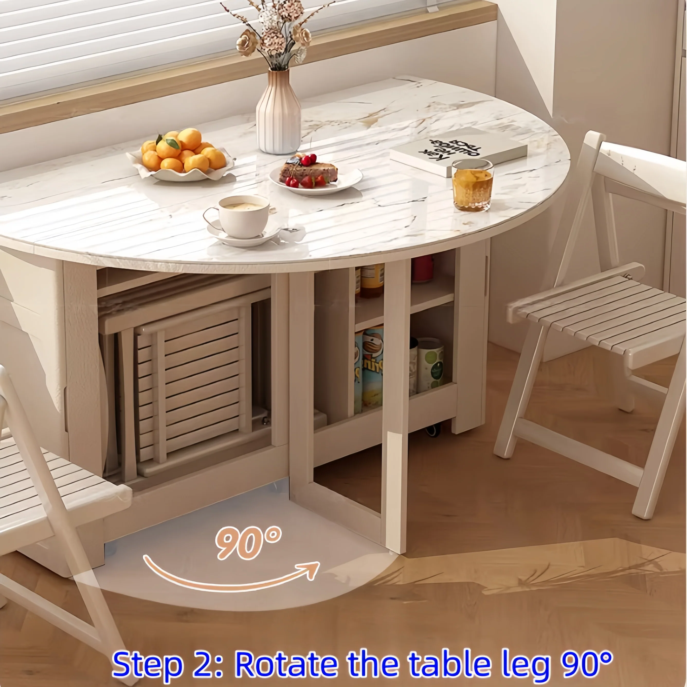 Double Drop Leaf Round Dining Table Set with 4 Folding Chairs - Image 7