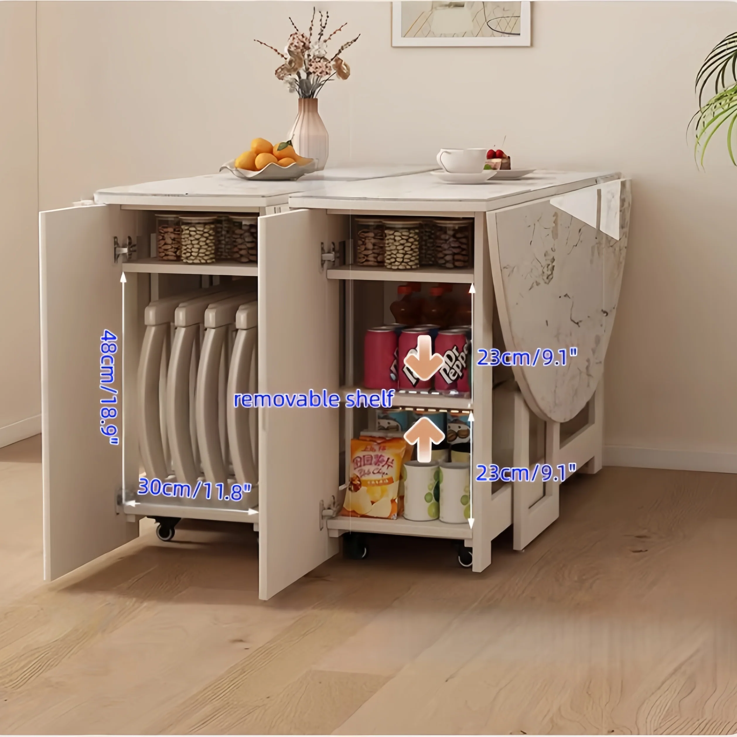 Double Drop Leaf Round Dining Table Set with 4 Folding Chairs - Image 9