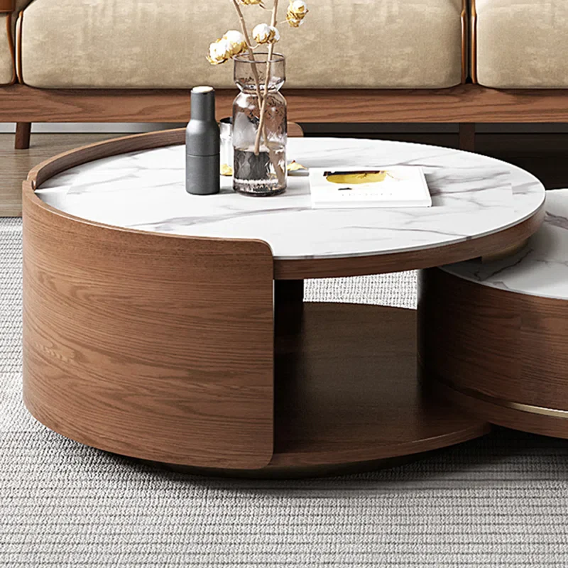 Double Round Nesting Coffee Table with Drawer and Marble Tabletop - Image 5