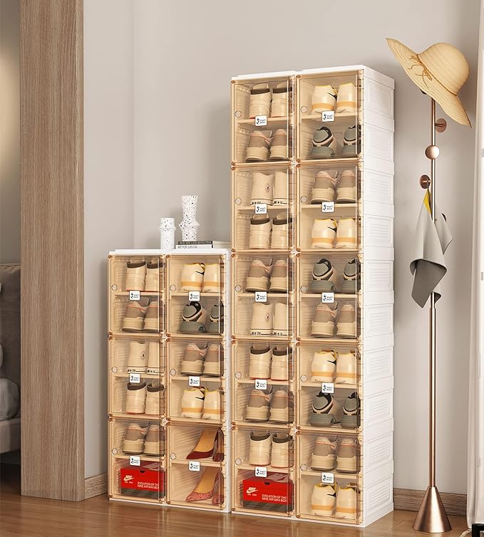 Easy Assembly Portable and Foldable Shoe Organizer Storage Box with Magnetic Clear Door
