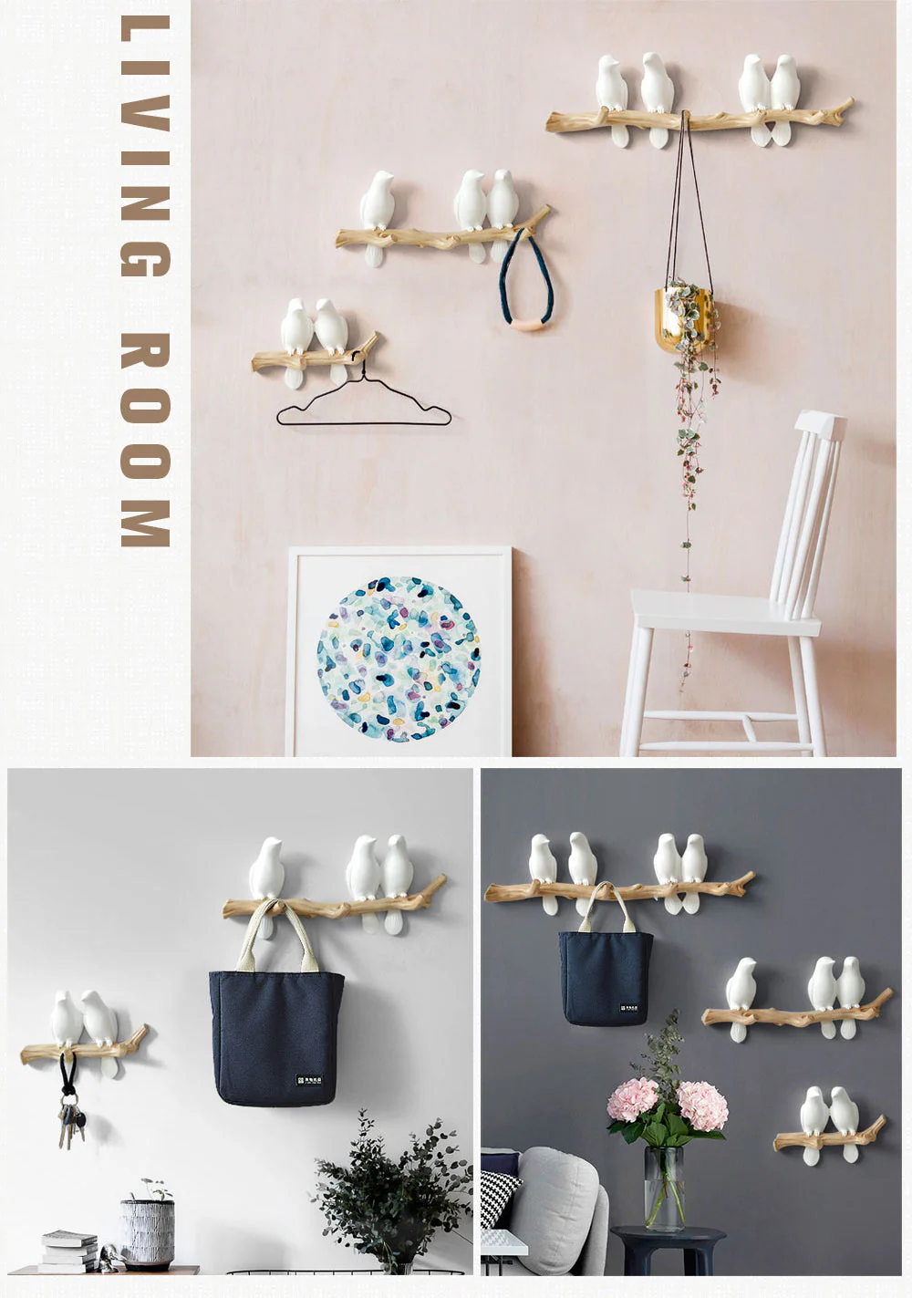 Birds On Tree Branch Decor Wall Mounted Coat Rack with Hooks - Image 3