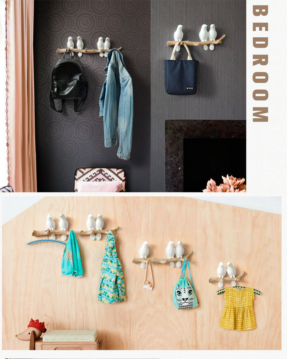 Birds On Tree Branch Decor Wall Mounted Coat Rack with Hooks - Image 4