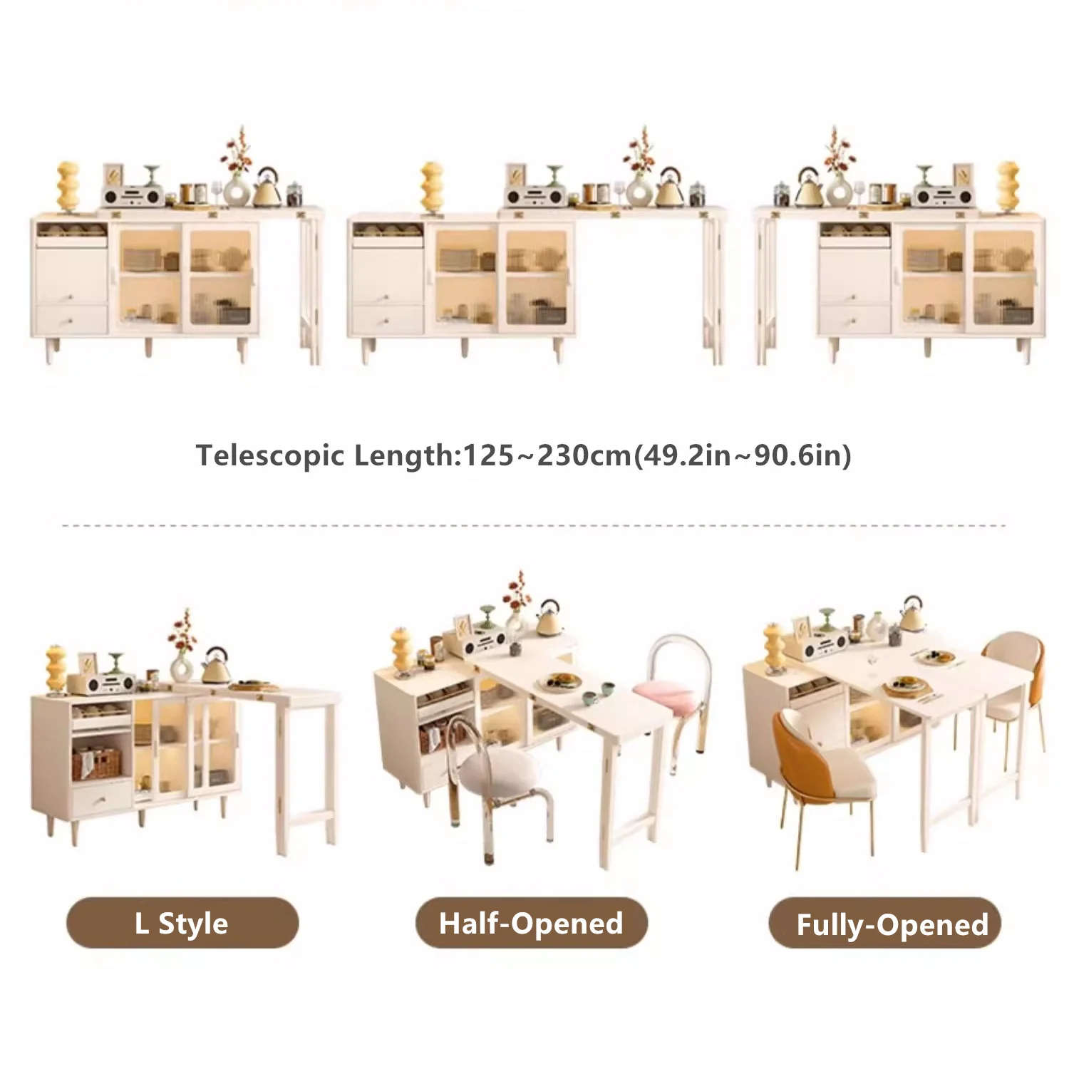 Expandable and Foldable Dining Table with Sideboard Cabinet - Image 2