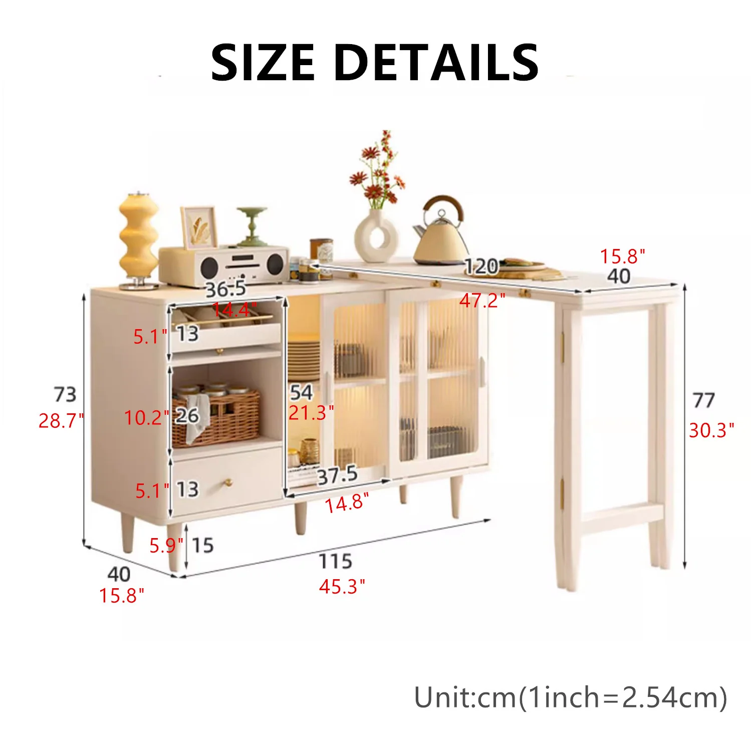 Expandable and Foldable Dining Table with Sideboard Cabinet - Image 8